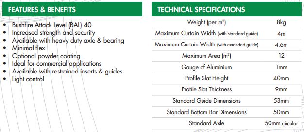 technical specifications roller shutters