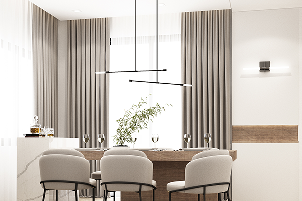 Dinning room with sheer curtains installed for an elegant ambience.