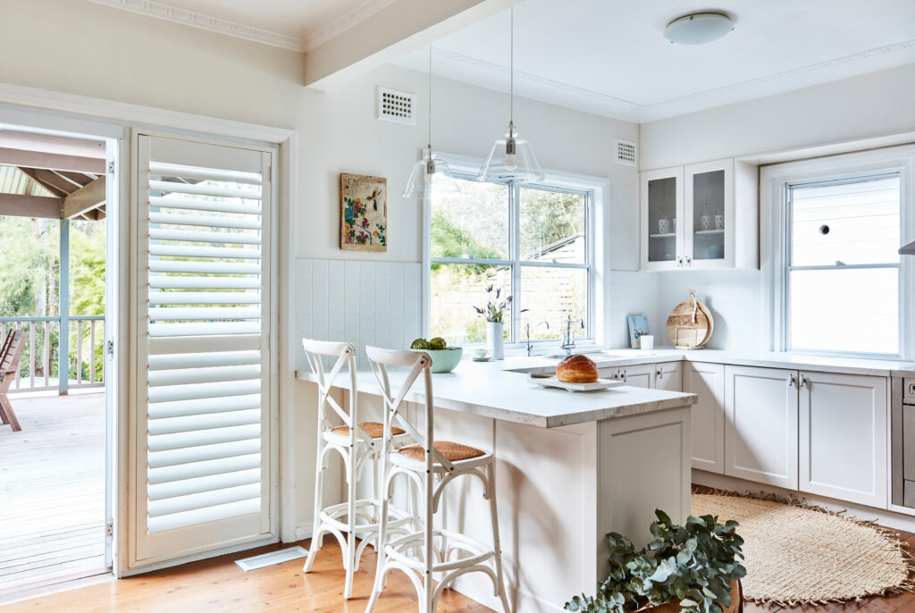 Kitchen with plantations shutters installed.