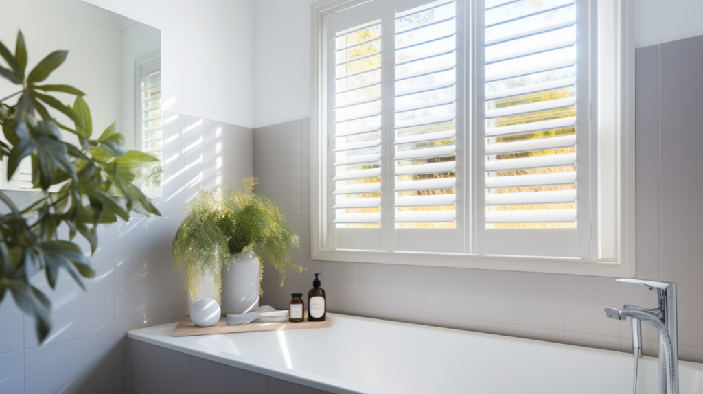 bathroom with white shutters
