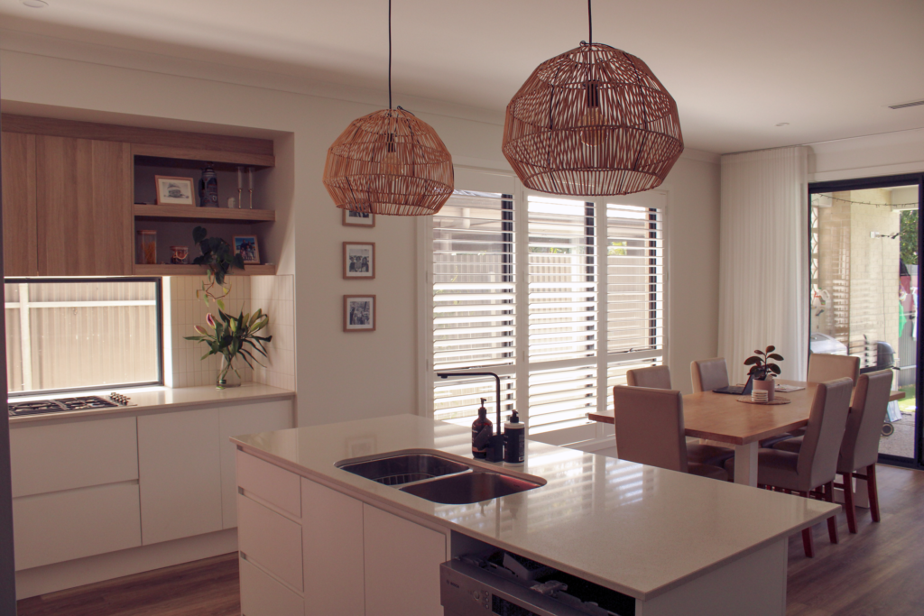 white plantation shutters in a dinning room